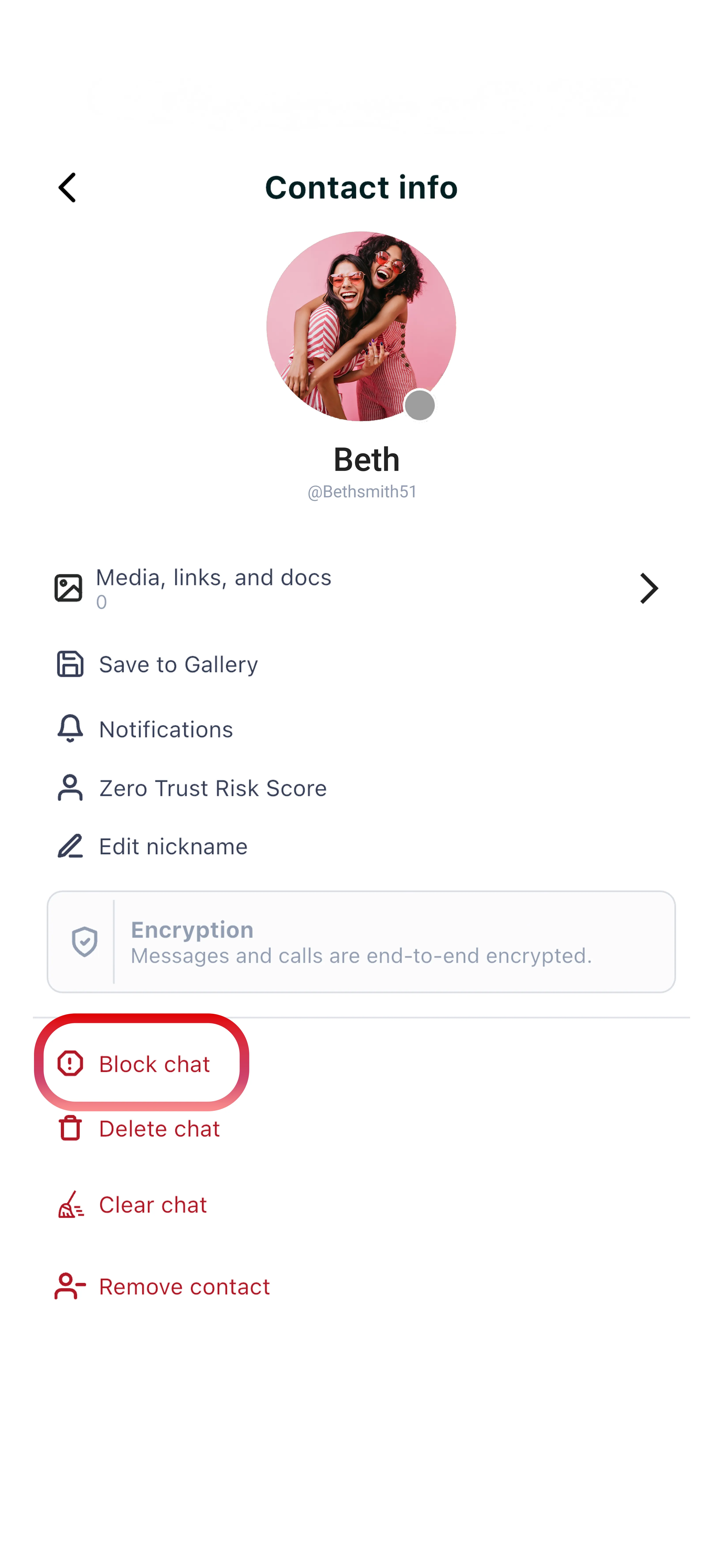 Contact info page with Block chat option highlighted