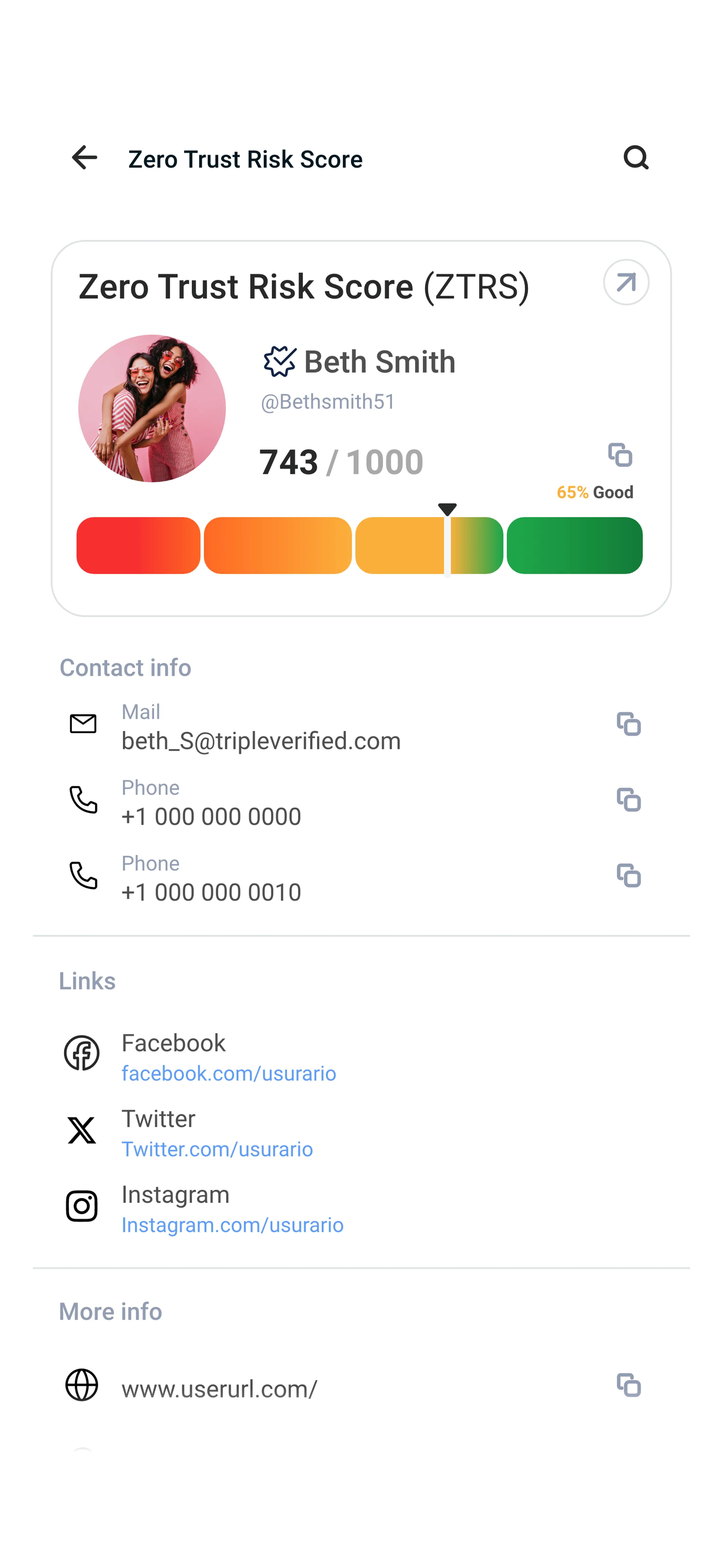 Zero Trust Risk Score detail page showing score, contact info, and social links
