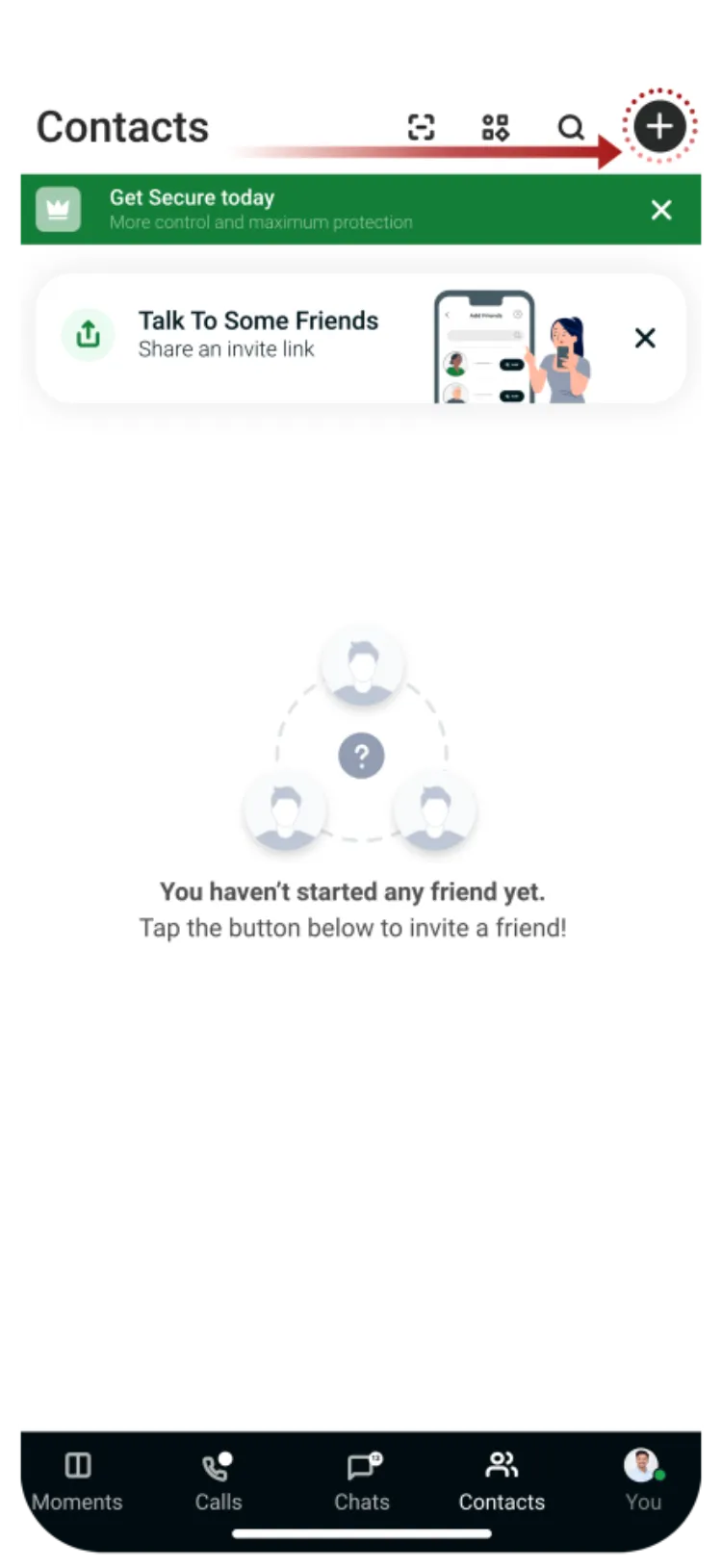 The Contacts screen showing the plus button to add a new contact