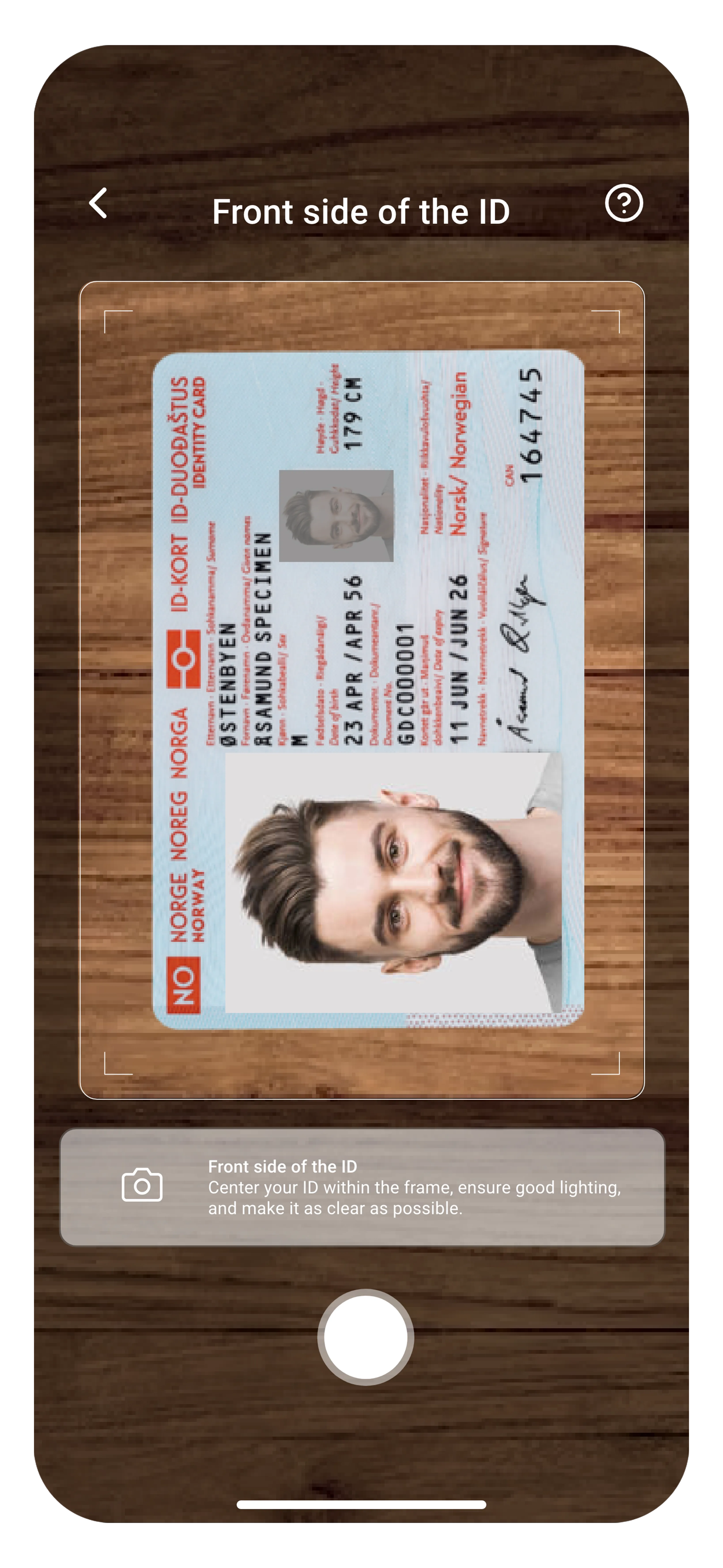 Camera capture screen for front side of government ID