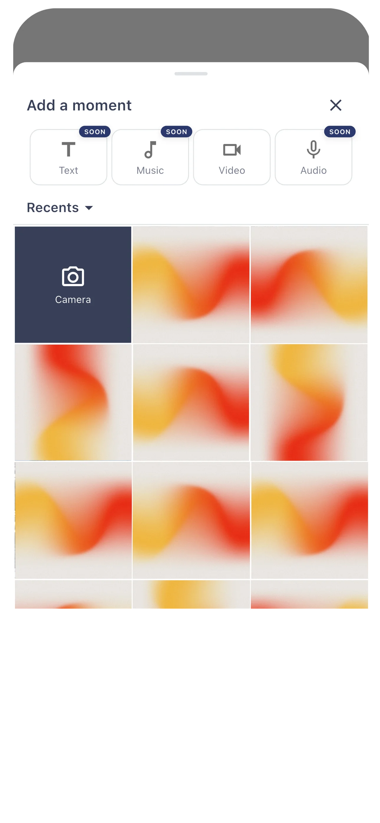 The Add a Moment screen showing content type options and photo gallery