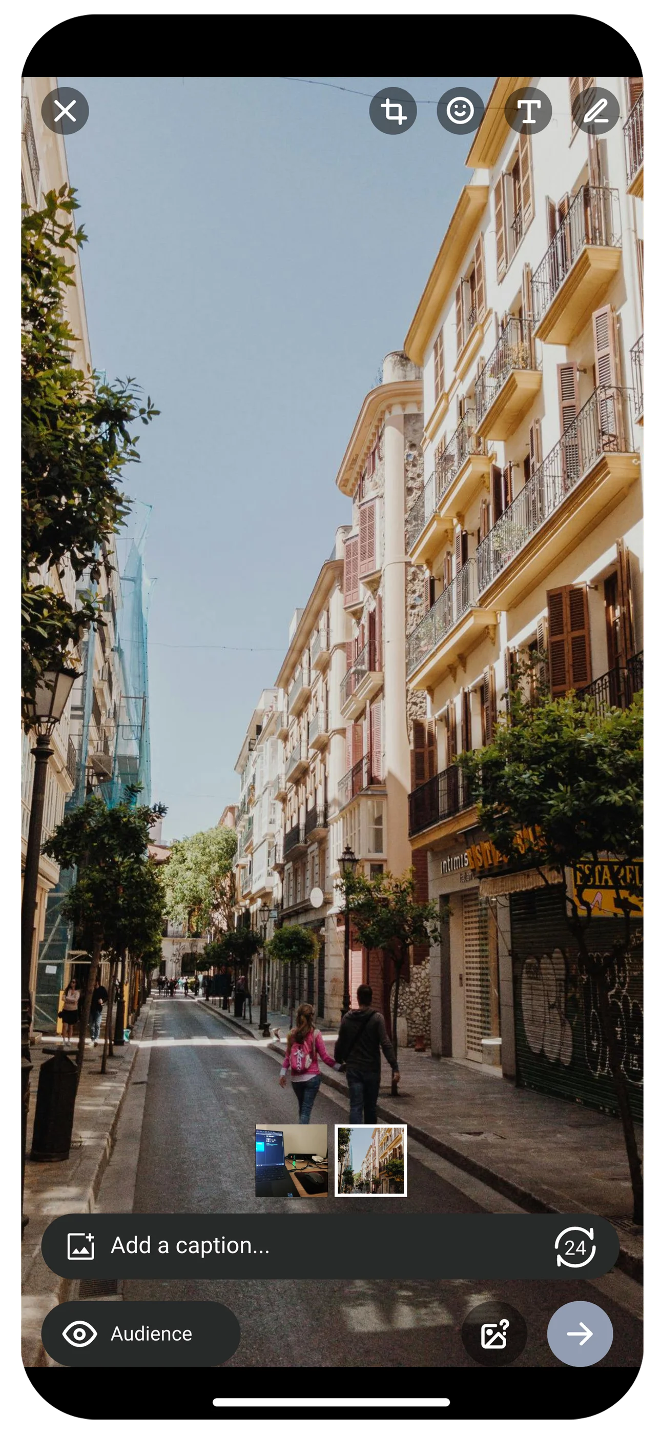 A multi-photo Moment ready to share with caption and audience selector