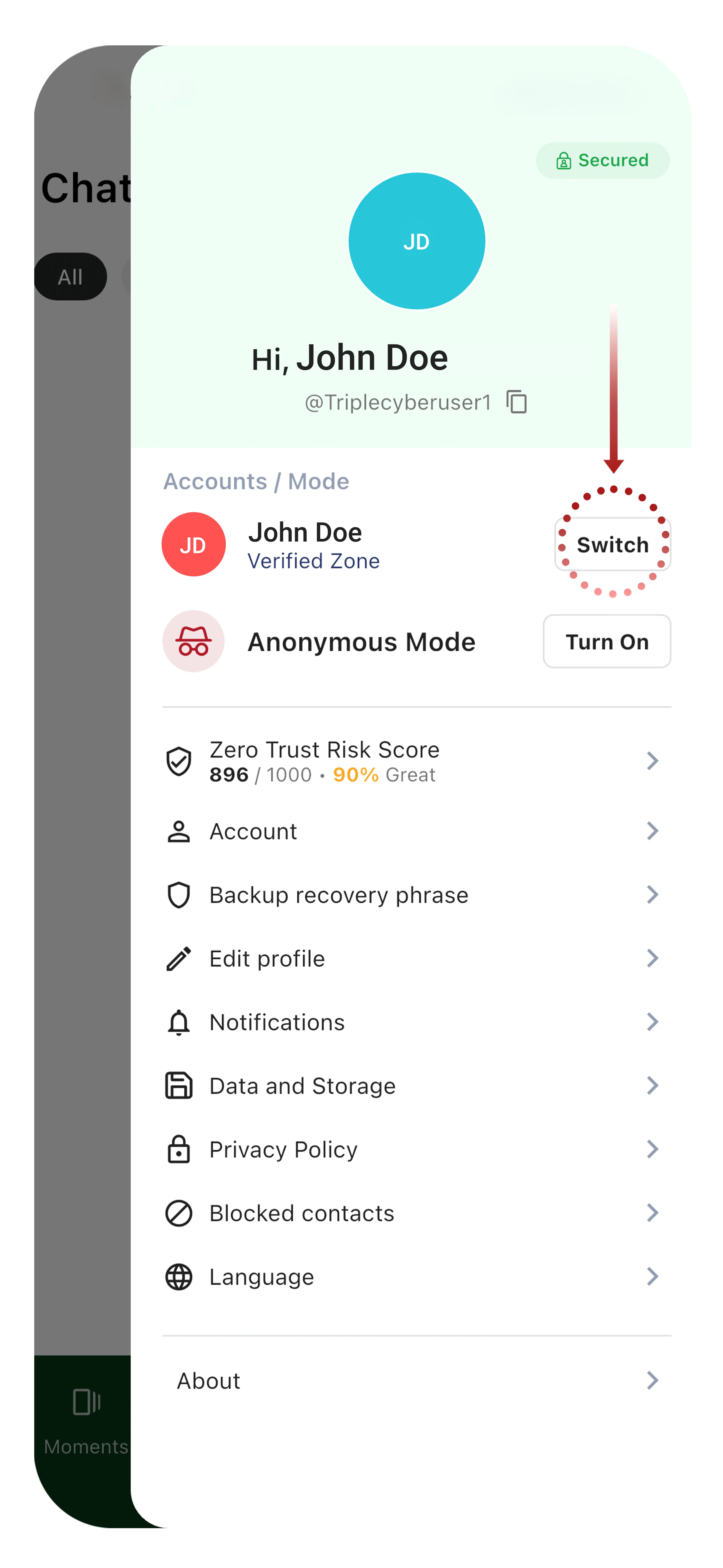 Profile panel showing zone Switch and Turn On buttons