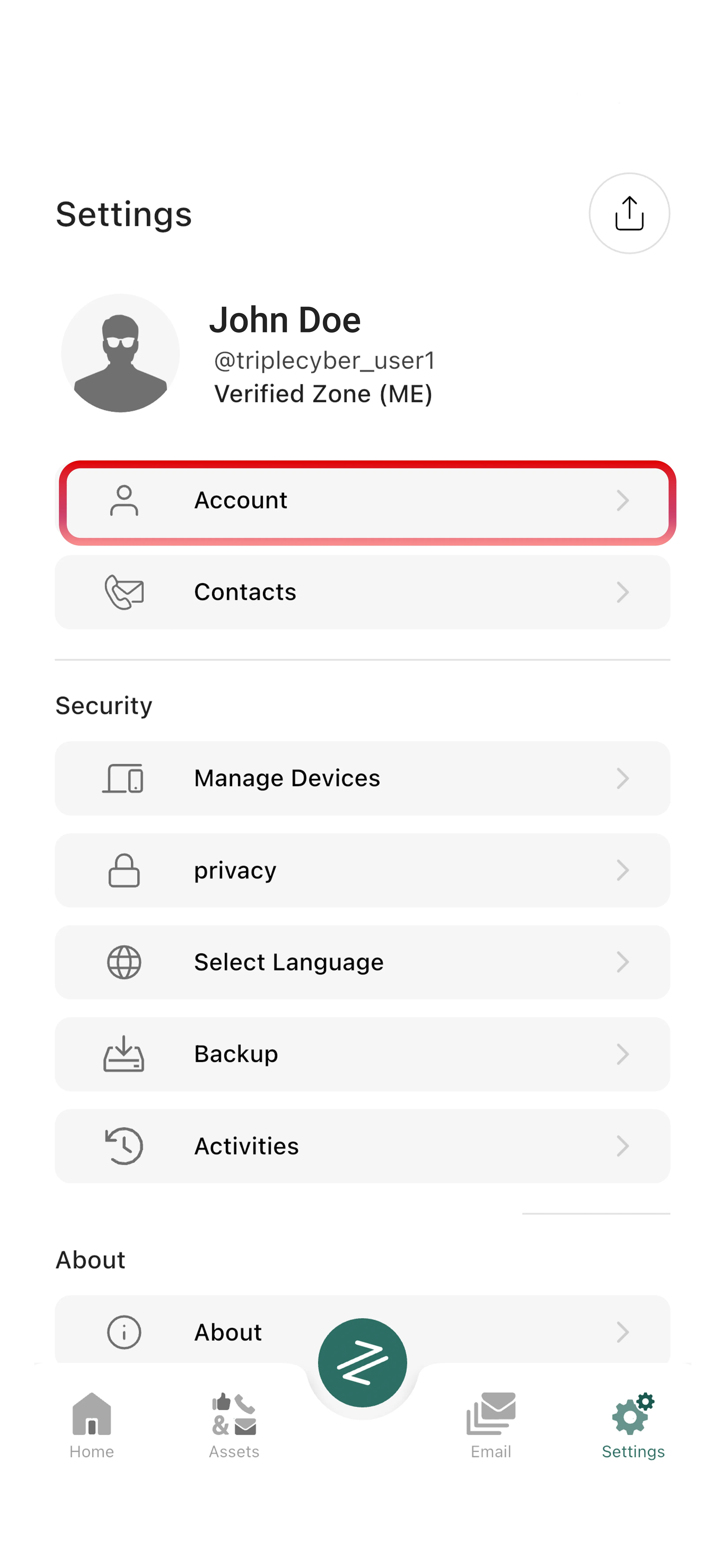 Settings menu with Account highlighted