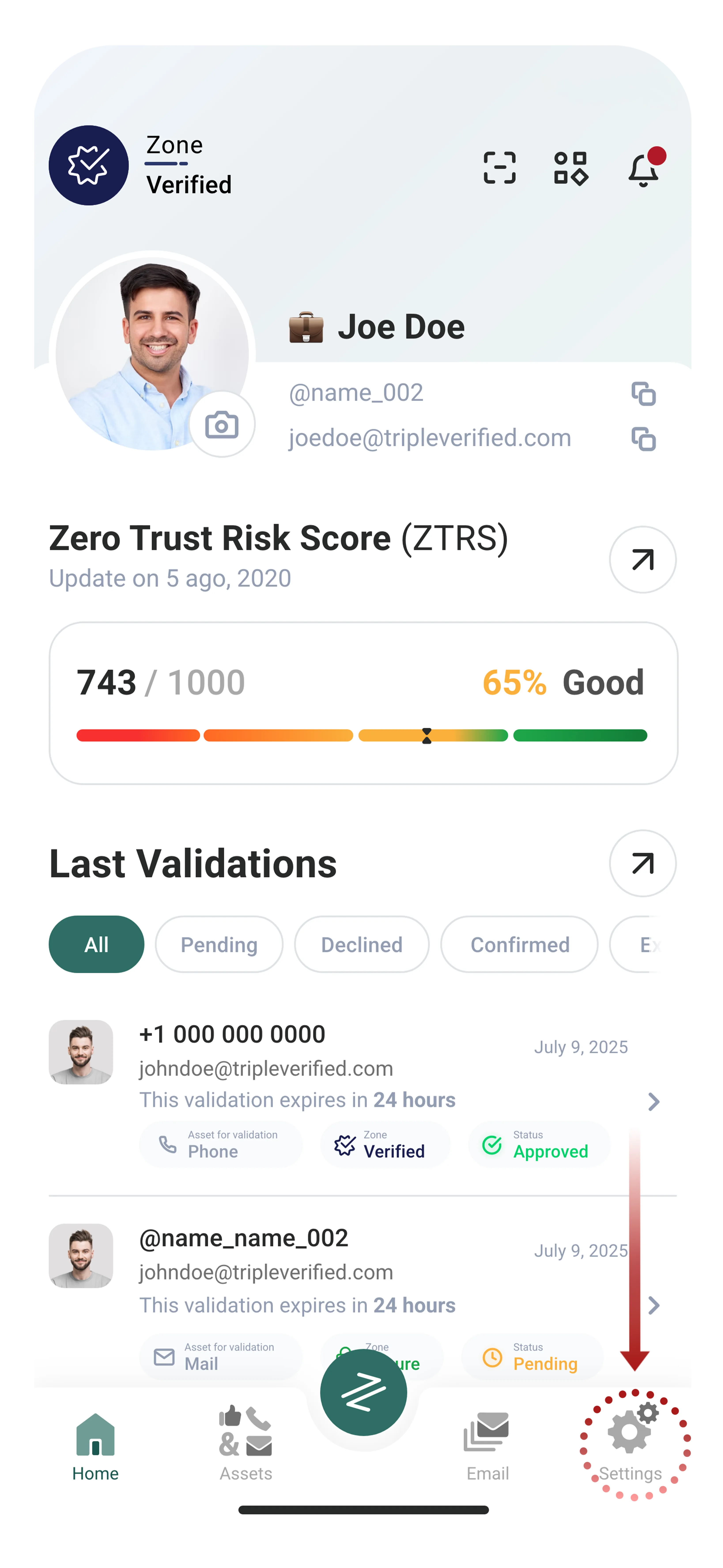 Settings home screen