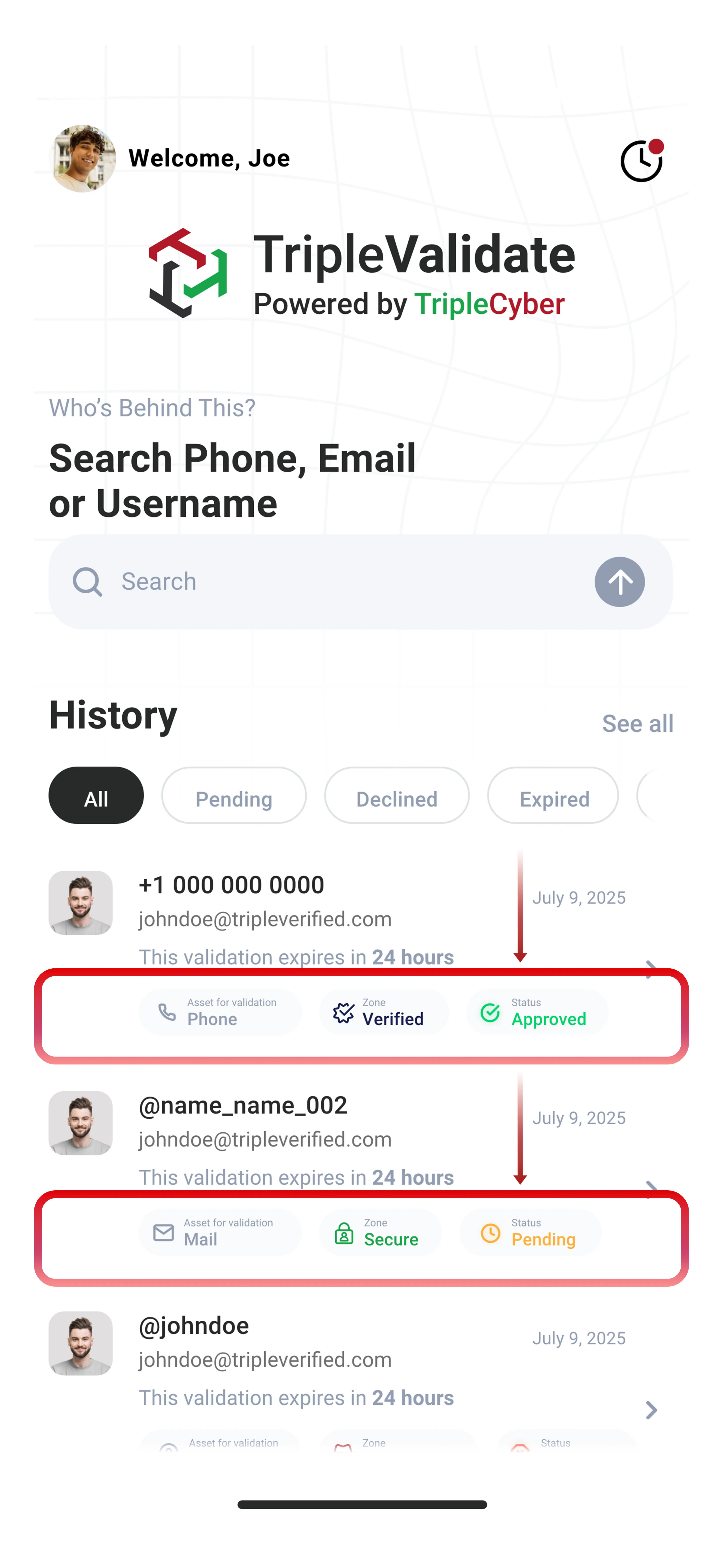 Response statuses: Pending, Approved, Declined, Expired
