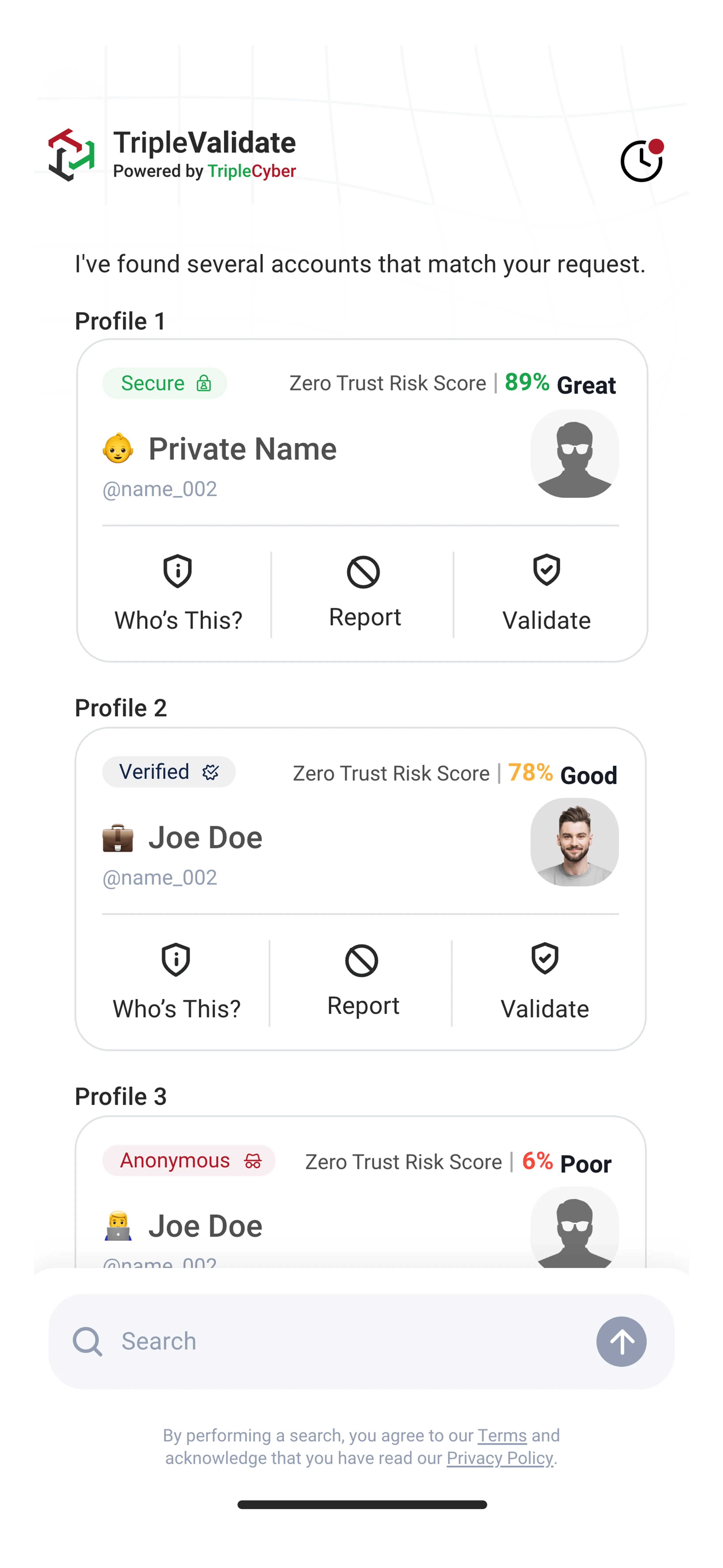 Search results showing multiple profile matches