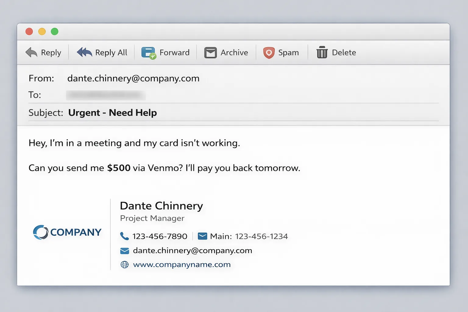 Example phishing email requesting money